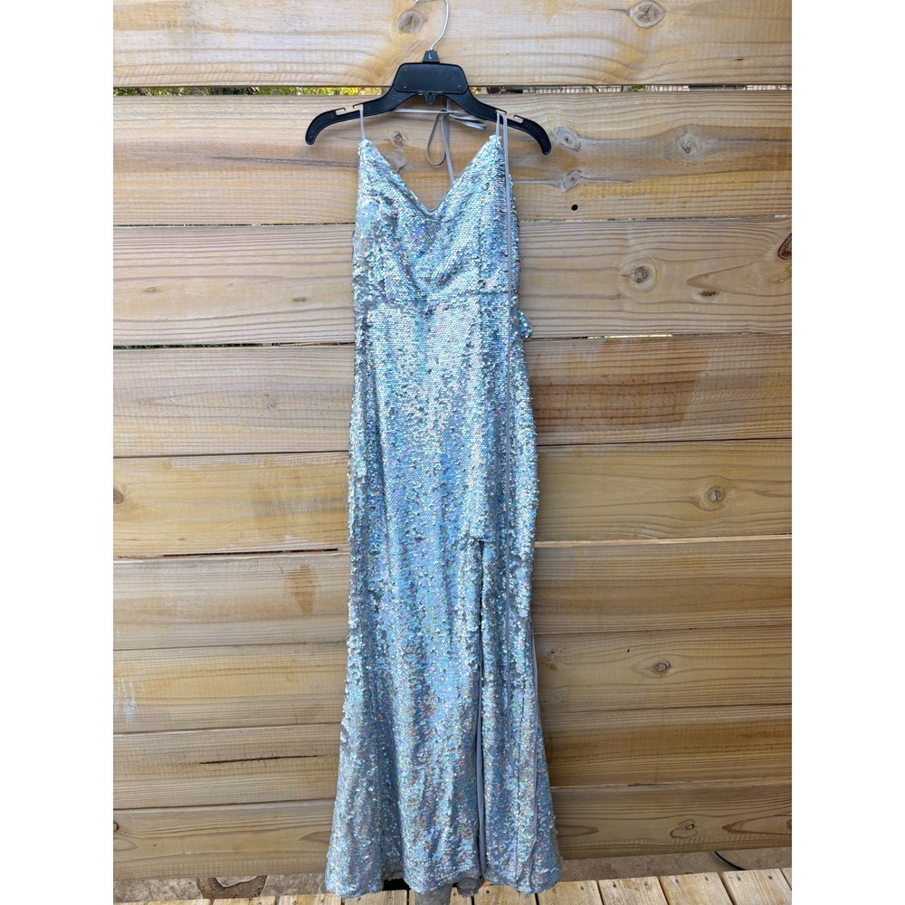 Jump apparelIridescent Silver Sequin Maxi Dress Open Back Prom Gown Size 3/4